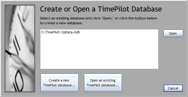 Create or Open a TimePilot Database screen Create or Open a TimePilot Database screen