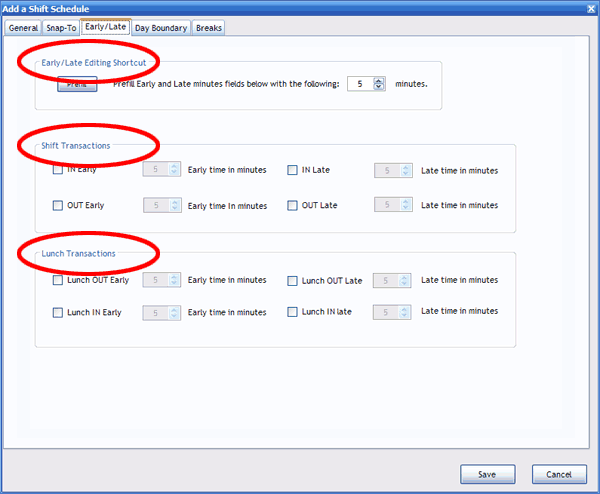 Early/Late Setup screen