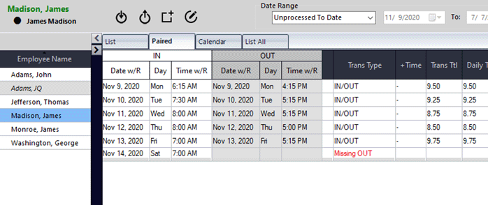 Viewing an employee's paired transactions can make it easier to ensure that they didn't forget to clock in or out. Viewing an employee's paired transactions can make it easier to ensure that they didn't forget to clock in or out.