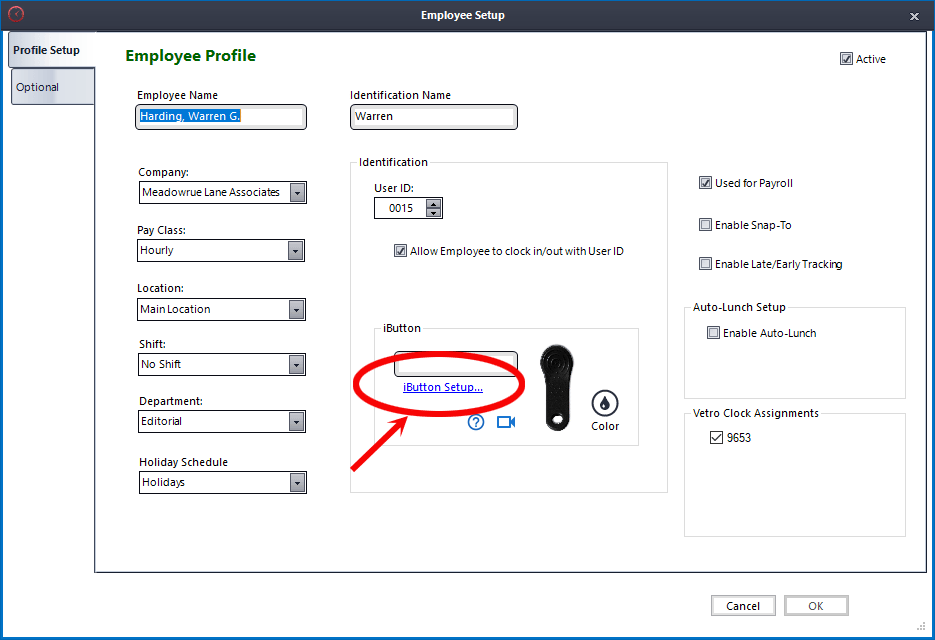 Click 'iButton Setup' to start the process of assigning an iButton.